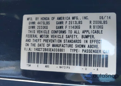 2014 Honda Accord Ex-L V-6 z USA, uszkodzony, nr VIN 1HGCT2B85EA008861